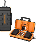 Rugged Water Resistant Camera Battery And Card Case holds SD, CF, XQD cards and NP-FZ100 batteries, shown open and closed.