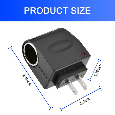 No Sweat Easy Install 220V To 12V Car Cigarette Lighter Plug Converter showing size dimensions 2.95in x 2.2in x 1.18in.