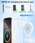 Diagram showing MFi Certified Magnetic Wireless Charger For IPhone 17 16 15 14 Series with clear case for AirPods Pro.
