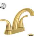 Brushed Gold 4 Inch Centerset Bathroom Faucet With Two Handles, Fits 2 Or 3 Hole Mount, Includes Copper Pop Up Drain