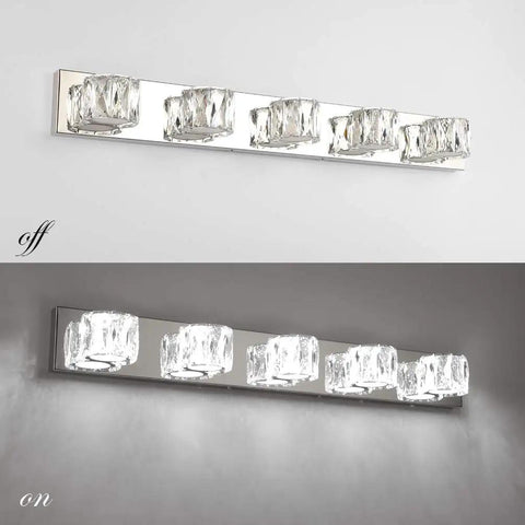 Five Light Crystal Vanity Lights for Bathroom Modern LED Wall Fixtures 34.7 Inch Long 4.3 Inch Wide 5500K White Glow 30W Energy Efficient Stainless Steel Frame With Brilliant K9 Crystal