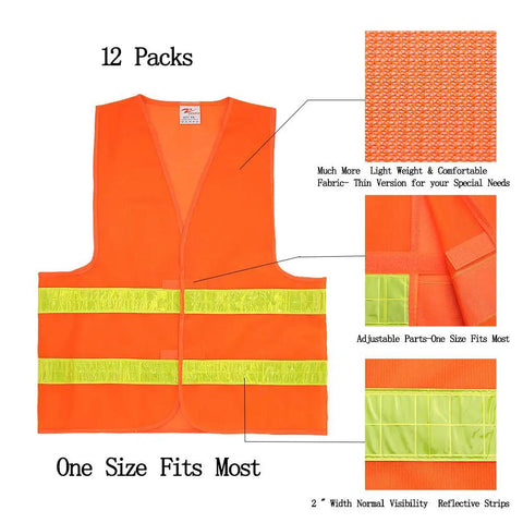 Normal Visibility Safety Vests 12 Pack Adjustable Size Thin Lightweight Mesh Fabric With 2 Inch Reflective Strips Neon Orange Display