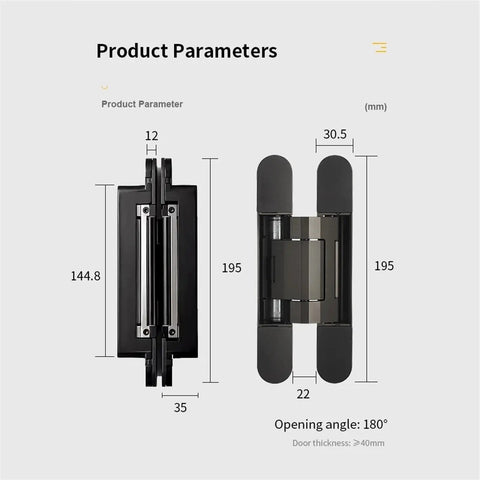 Heavy Duty Concealed Door Hinges With Silent Ball Bearings For Smooth 180 Degree Swing And Rock Solid Kitchen Cabinet Mounting In All Season Matte Black Finish with dimensions displayed.