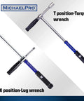 2-In-1 Lug Wrench And Torque Wrench, 1/2 Inch Drive With Sockets displayed in T and X positions