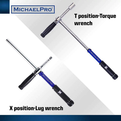 2-In-1 Lug Wrench And Torque Wrench, 1/2 Inch Drive With Sockets displayed in T and X positions