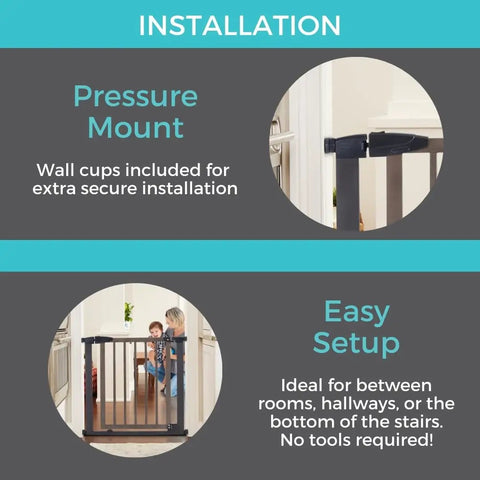 Pressure mount installation of Extra Wide Auto Close Baby Gate With Hold Open For Busy Homes Kid Friendly Safety Gate For Families.