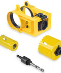 Easy Adjustable Door Lock Installation Kit with guide, hole saws, and drill bit, for metal or wood doors, close-up view.