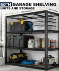 Beefy 4 Tier Heavy Duty Metal Storage Shelving Unit With 2240 Lbs Total Load Capacity filled with garage tools and supplies