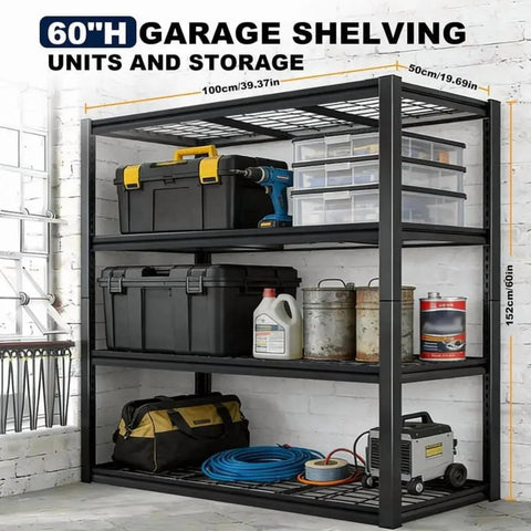 Beefy 4 Tier Heavy Duty Metal Storage Shelving Unit With 2240 Lbs Total Load Capacity filled with garage tools and supplies