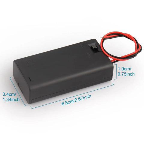 Six Pack Heavy Duty Dual Alkaline Aa Battery Boxes With Secure Toggle Switch And Flexible Wire Leads showing dimensions and wires.