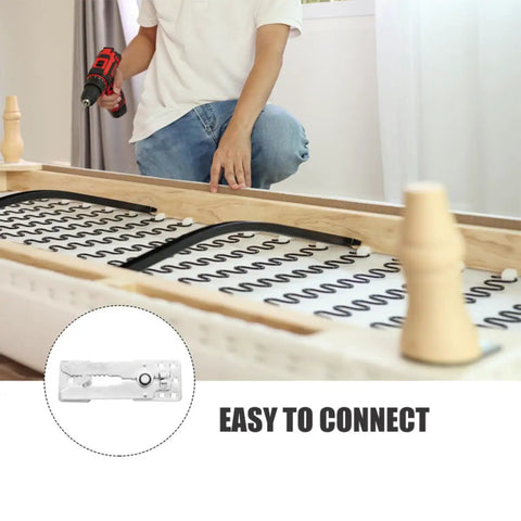 Person installing sofa with drill and Two Pack Sectional Sofa Connectors Clips Set Steel And Zinc Alloy Couch Snap Fittings shown