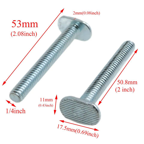 One Quarter Inch T Slot Bolts For T Track 2 Inch Long With Heavy Duty Torque Capability For Woodworking Fixtures And Fixing Devices 12 Pack Durable Zinc Plated DIY Ready Hardware, showing dimensions.