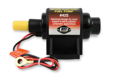 Micro Electric Fuel Pump 42S With Solid State Electronics Internal Pressure Regulating Universal Design For Easy Installation No Diaphragms Or Mechanical Wear Ideal Fuel Transfer Or Booster Pump For Automotive Use shown.