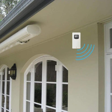 Wireless Outdoor Thermometer Sensor Replacement For SC91, wall-mounted white plastic sensor on exterior house wall