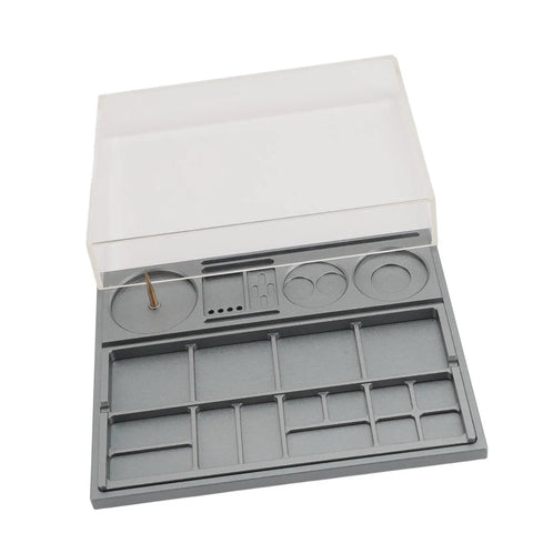 Watch Parts Organizer And Movement Tray With Dust Cover Handy Repair Box, alloy steel tray, acrylic shield with compartments.