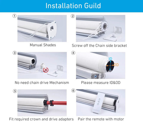 1.75 Inch Roller Shade Battery Powered Motor With Remote Control installation guide showing manual to motorized conversion steps