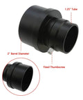 Heavy Duty Two Inch To One Point Two Five Inch Telescope Focuser Adapter For Laser Collimator Alignment Built From Rock Solid Anodized Aluminum, showing fixed thumbscrew and barrel dimensions.