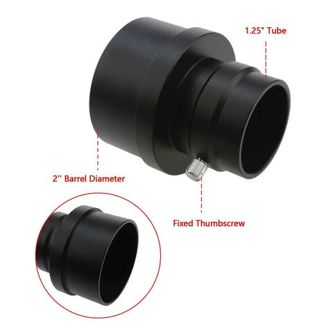 Heavy Duty Two Inch To One Point Two Five Inch Telescope Focuser Adapter For Laser Collimator Alignment Built From Rock Solid Anodized Aluminum, showing fixed thumbscrew and barrel dimensions.