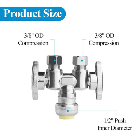 Push Fit To Dual Three Eighths Inch OD Compression Straight Stop Valve No Sweat Install With One Quarter Turn And Double Handles