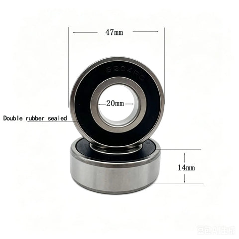 10 Pack 6204-2rs Deep Groove Ball Bearings, 20x47x14mm Double Sealed And Pre-Greased For Motors, Atvs, Lawn Mowers, Scooters Plus High Speed Gadgets Where You Need Reliable Performance Without The Drama close-up showing dimensions and rubber seals.