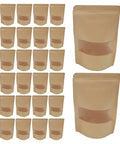 Pack of 50 resealable kraft paper bags with clear window for food storage and pantry organization, arranged in rows.
