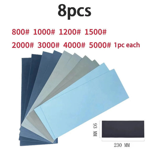 Top Tier Wet Dry Sandpaper Set Ranging From 60 To 20,000 Grit With Silicon Carbide Sheets, 8pcs assorted grits 800 to 5000.