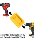 20V Tool Holder And Battery Mount Kit For Wall Mount Hanger with Milwaukee and Dewalt drill compatibility shown.