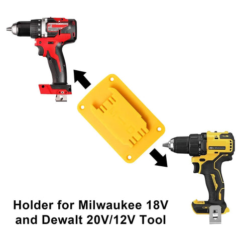 20V Tool Holder And Battery Mount Kit For Wall Mount Hanger with Milwaukee and Dewalt drill compatibility shown.