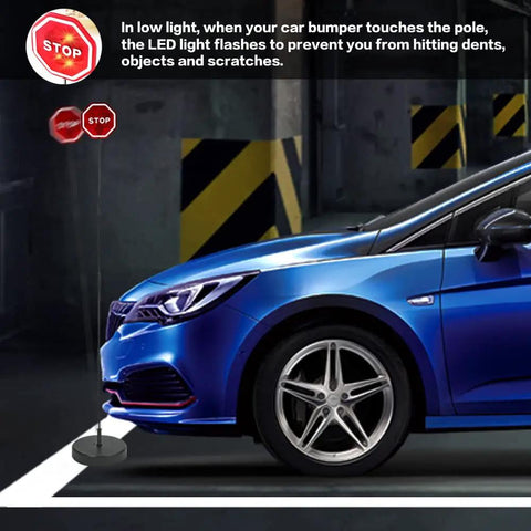 Park Like A Boss Smart LED Reversible Garage Stop Sign With Heavy Duty Base And Flashing Warning Signal For Easy No Sweat Setup and Smooth Daily Driveway Runs in garage by car bumper.