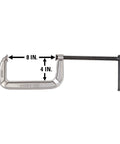 Heavy Duty C Clamp With Eight Inch Opening And Four Inch Throat Delivering Seventeen Hundred Pounds Of Real Deal Grip for woodworking, shown from the side.