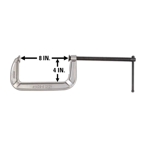 Heavy Duty C Clamp With Eight Inch Opening And Four Inch Throat Delivering Seventeen Hundred Pounds Of Real Deal Grip for woodworking, shown from the side.