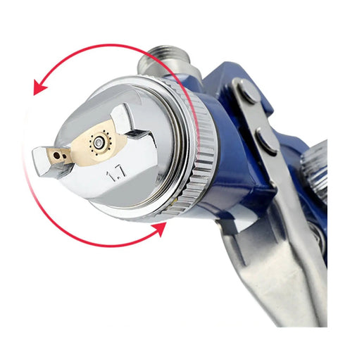 Heavy Duty Handheld Airbrush Kit With Three Precision Nozzles For A Smooth As Butter Spray Gun Finish Featuring Easy Setup And Durable All Copper Flow Cap close-up of 1.7mm nozzle tip.