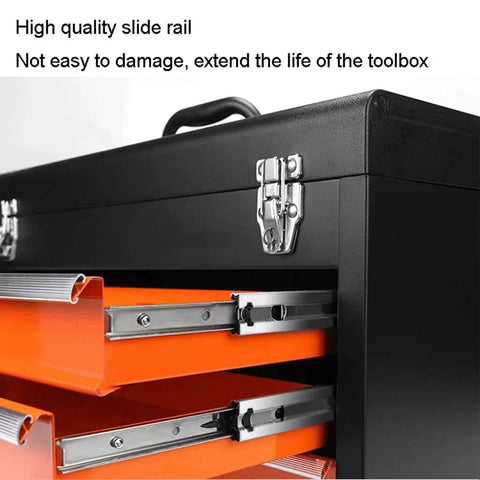 Portable Steel Tool Box Organizer in Orange and Black with Two Drawers, Removable Inner Tray, Ball Bearing Drawer Slides