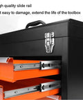 Side view of Two Drawer Steel Tool Box With Removable Tray And Ball Bearing Drawers, Locking Lid, in orange and black metal.