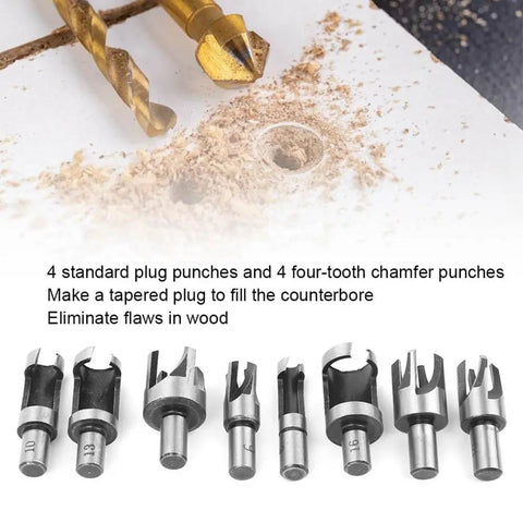 Straight Shooter Eight Piece Wood Plug Cutter Drill Bit Set Built Different Using Hardcore High Carbon Steel for precise wood plugs.