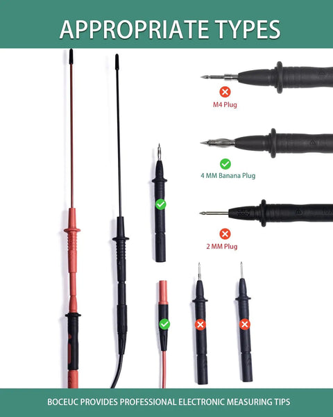 Long Reach Multimeter Probes With Sharp Insulated Tips, 155mm Stainless Steel Pins for 4 Mm Test Leads displayed in various plug types