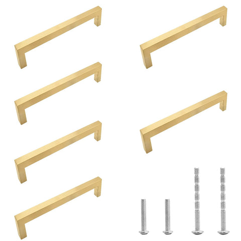 6 Pack Brushed Gold Cabinet Pulls Square Dresser Handles 5 Inch Center To Center Stainless Steel Hardware with screws