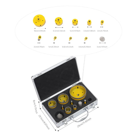 Premium 10 Pcs Diamond Core Drill Bit Set With Heavy Duty Hole Saw Kit In Yellow For Cutting Tile Granite Marble And Stone Smooth And Fast, case view