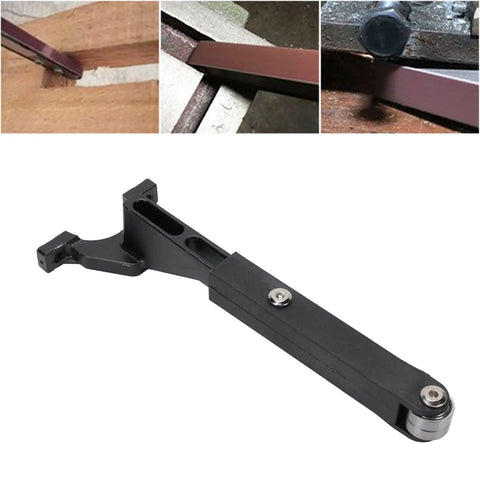 Knockout Belt Sander Attachment For Angle Grinder, Bandfile Conversion Kit With 20 Premium Grit Belts, showing durable black aluminum body.