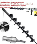 Impact Driver To Earth Auger Adapter Kit With 1 To 3 Converter And Three Interchangeable Bits displayed with electric drill