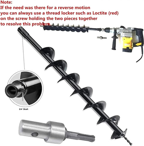 Impact Driver To Earth Auger Adapter Kit With 1 To 3 Converter And Three Interchangeable Bits displayed with electric drill