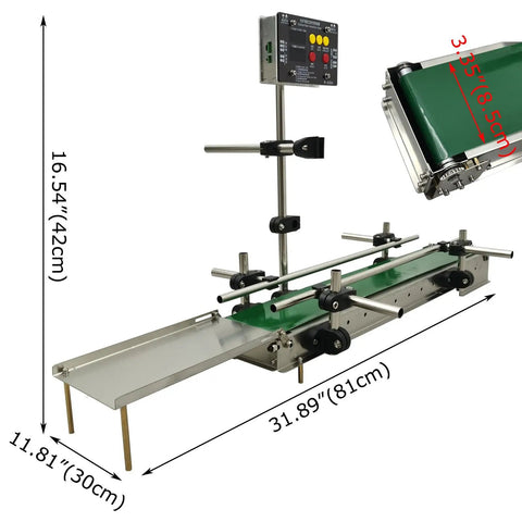 Compact Conveyor Belt System With Optical Fiber Smart Induction Control And Automatic Belt With Dual Guardrails 24 Inch By 60 Cm For Semi Auto Filling Machine AC 100 To 240V, showing dimensions and green belt with sensor.