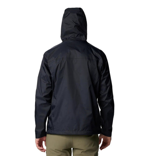 Back view of Watertight II Waterproof Rain Jacket For Men Black Size Large with hood up, durable nylon shell visible.