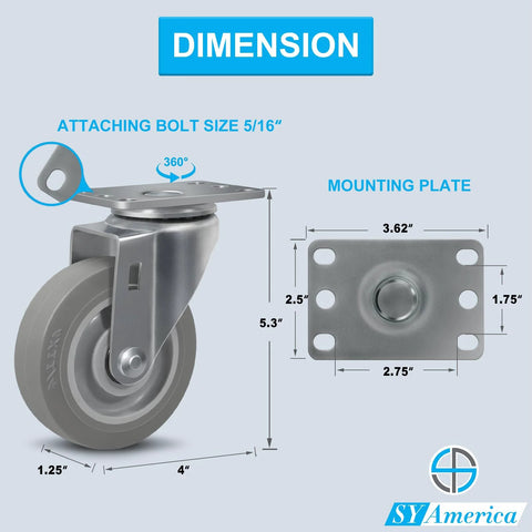 Four Inch Non Marking Thermo Rubber Caster Wheels Set Of Four Swivel Industrial Grade Heavy Duty Casters for cart with bolt and plate dimensions