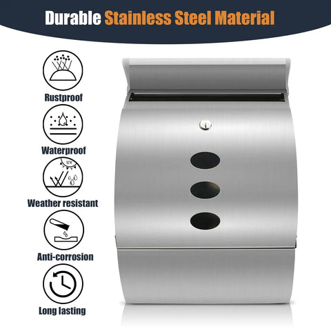 Front view of Stainless Steel Wall Mount Locking Mailbox With Key Lock, showcasing rustproof, weather resistant features.