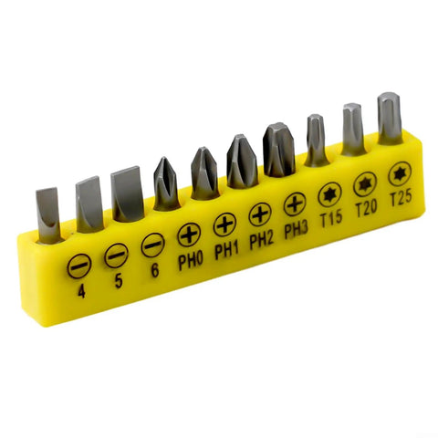 Get This Cool 10 Piece Screwdriver Bit Set With Hex Shank For All Your Power Tool Needs Plus Nut Drivers For Philips Slotted Torx And Square Bits To Fix Everything Around The House Like A Pro Today. 10-piece steel bit set with yellow holder, Phillips slotted Torx and square tips