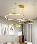 Three Ring LED Chandelier In Gold, Dimmable Pendant Light With Adjustable Height For Living Room Mounted On Ceiling