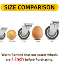 Size comparison of 1 Inch Heavy Duty Caster Wheels Set Of 4 With Brakes 100 Lb Capacity next to a dollar coin and egg