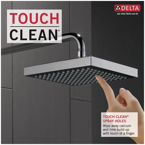 Touch-Clean spray holes on chrome 8 inch square rain shower head with soft rain spray for a dope spa-like shower, overhead design