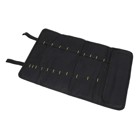20 Slot Knife Roll Bag For Pros And Home Cooks Premium Canvas Knife Case, black with multiple slots, laid open